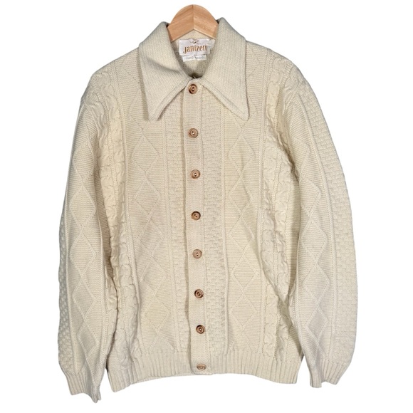 Vintage Sweaters - Vintage Jantzen Women's 100% Wool Cream Cable Knit Cardigan Sweater Fisherman  L